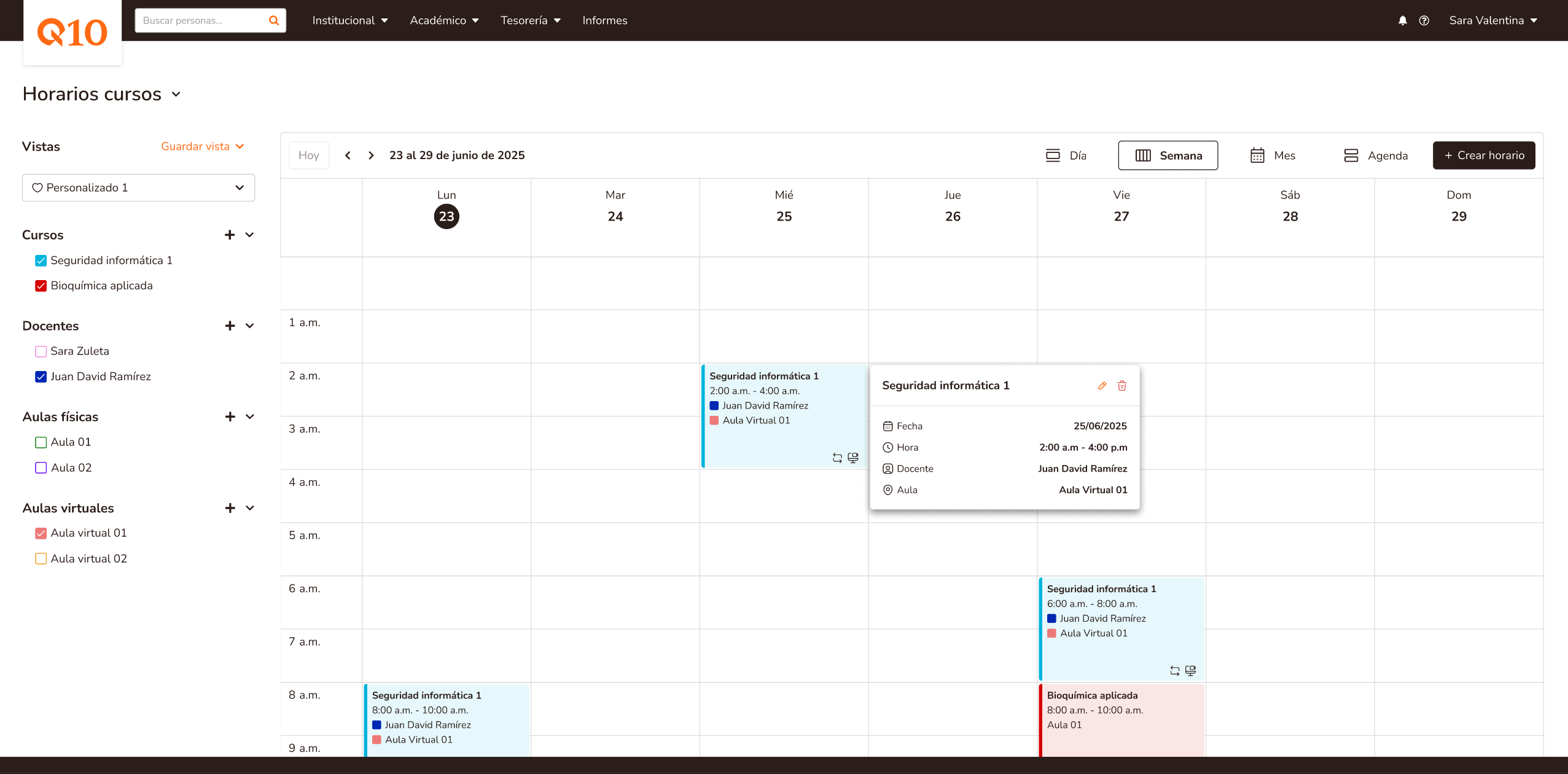 Vista de horarios de cursos en la plataforma Q10